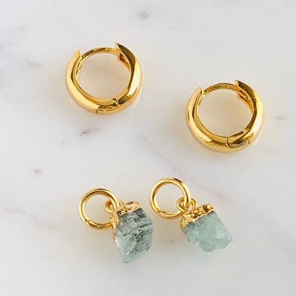 18K Gold Plated Aquamarine Stone Charm Huggie Earrings - Picture 4 of 6